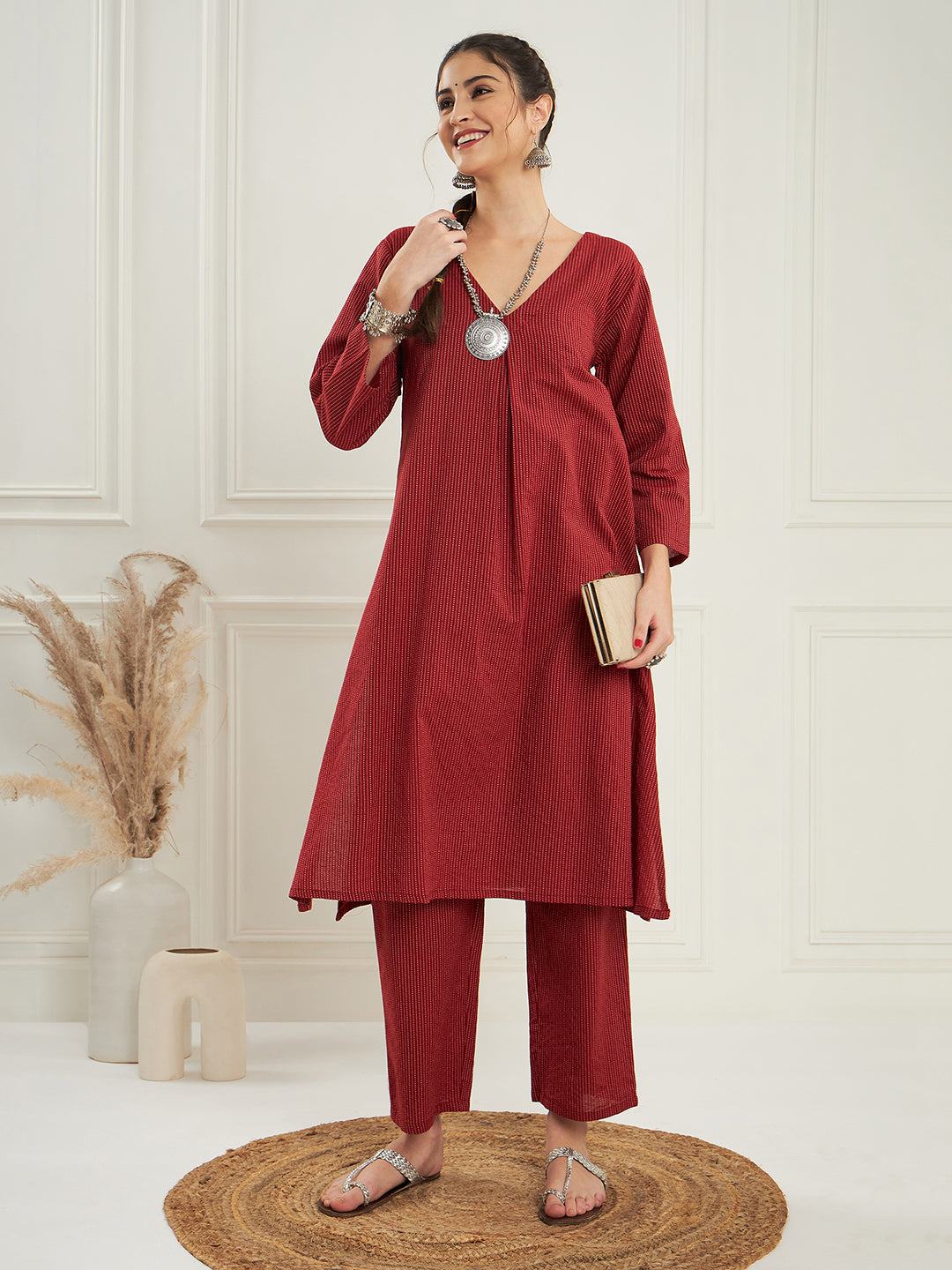 InWeave Women's Ruby Maroon Kantha V Neck Kurta Pant Set - Distacart
