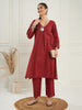 InWeave Women's Ruby Maroon Kantha V Neck Kurta Pant Set - Distacart