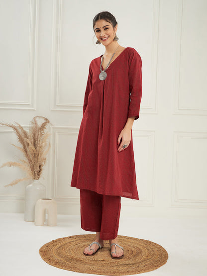 InWeave Women's Ruby Maroon Kantha V Neck Kurta Pant Set - Distacart