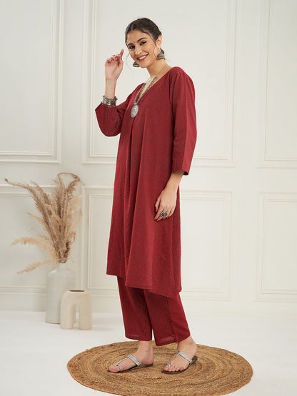 InWeave Women's Ruby Maroon Kantha V Neck Kurta Pant Set - Distacart