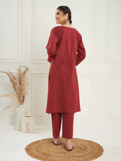InWeave Women's Ruby Maroon Kantha V Neck Kurta Pant Set - Distacart