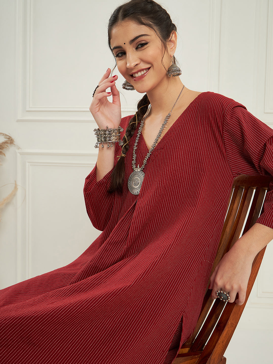 InWeave Women's Ruby Maroon Kantha V Neck Kurta Pant Set - Distacart