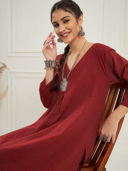 InWeave Women's Ruby Maroon Kantha V Neck Kurta Pant Set - Distacart