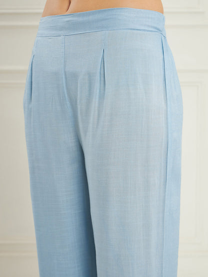 InWeave Women's Pastel Blue Solid V Neck Kurta Pant Set - Distacart