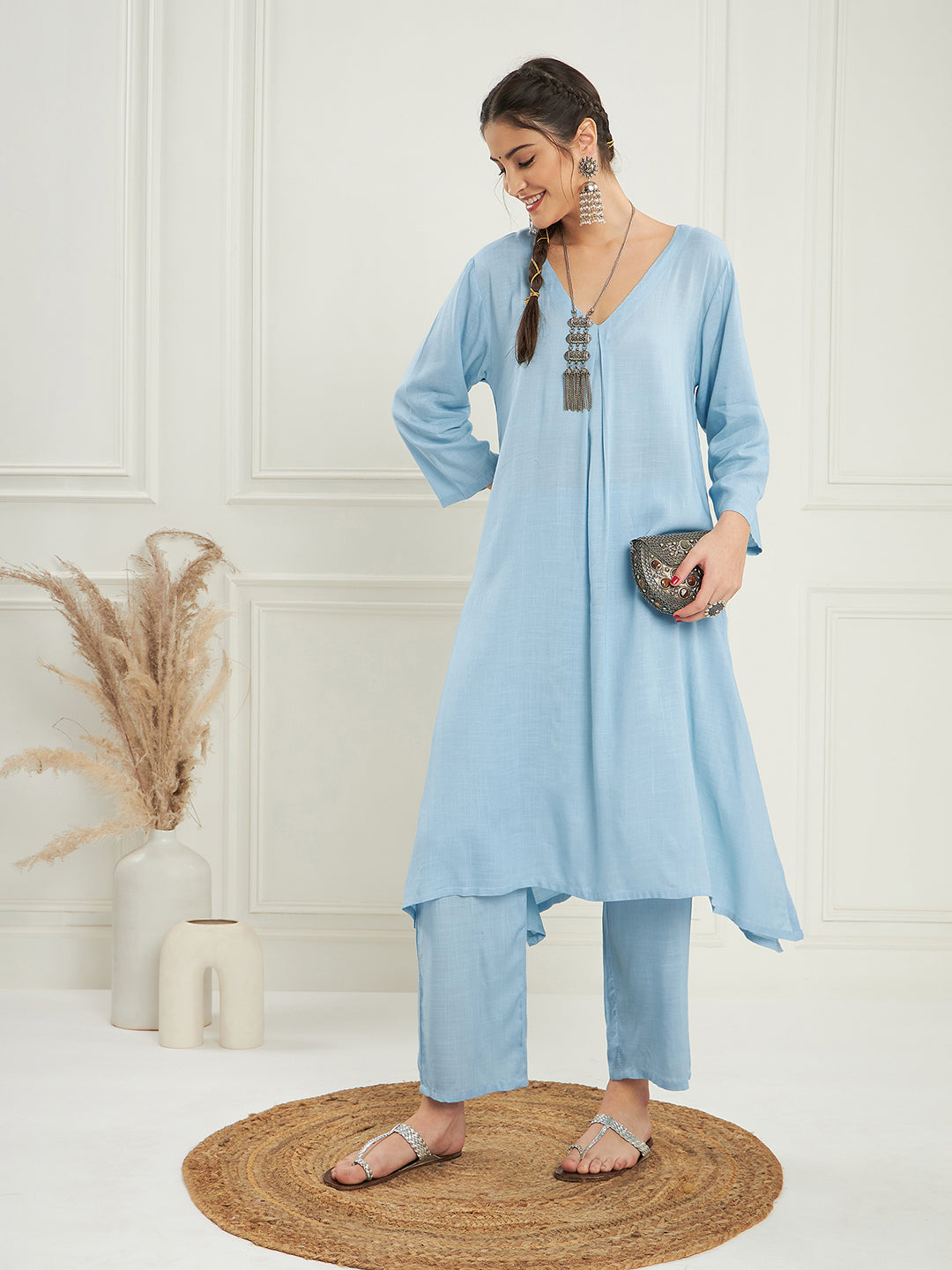 InWeave Women's Pastel Blue Solid V Neck Kurta Pant Set - Distacart