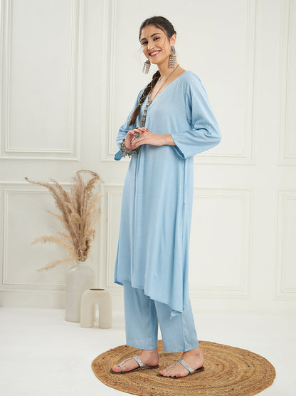 InWeave Women's Pastel Blue Solid V Neck Kurta Pant Set - Distacart
