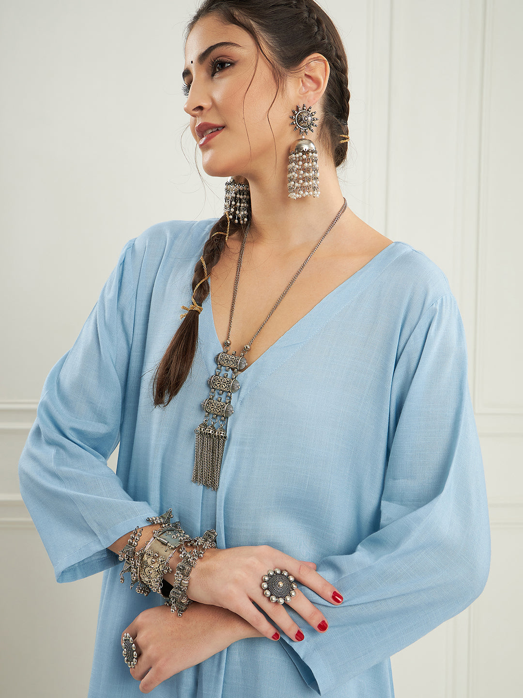 InWeave Women's Pastel Blue Solid V Neck Kurta Pant Set - Distacart
