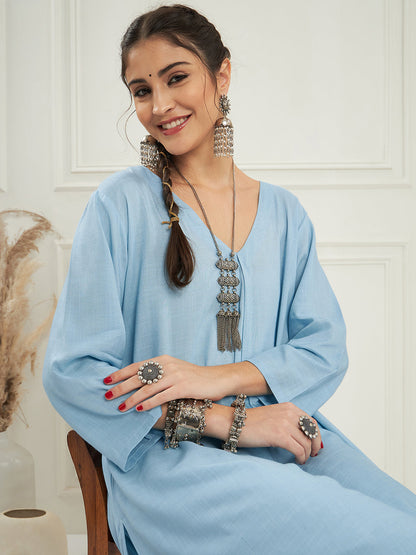 InWeave Women's Pastel Blue Solid V Neck Kurta Pant Set - Distacart