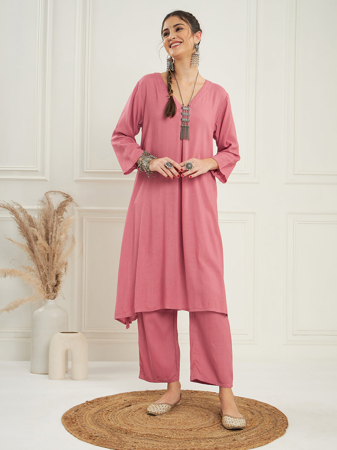 InWeave Women's Light Rose Pink Solid V Neck Kurta Pant Set - Distacart