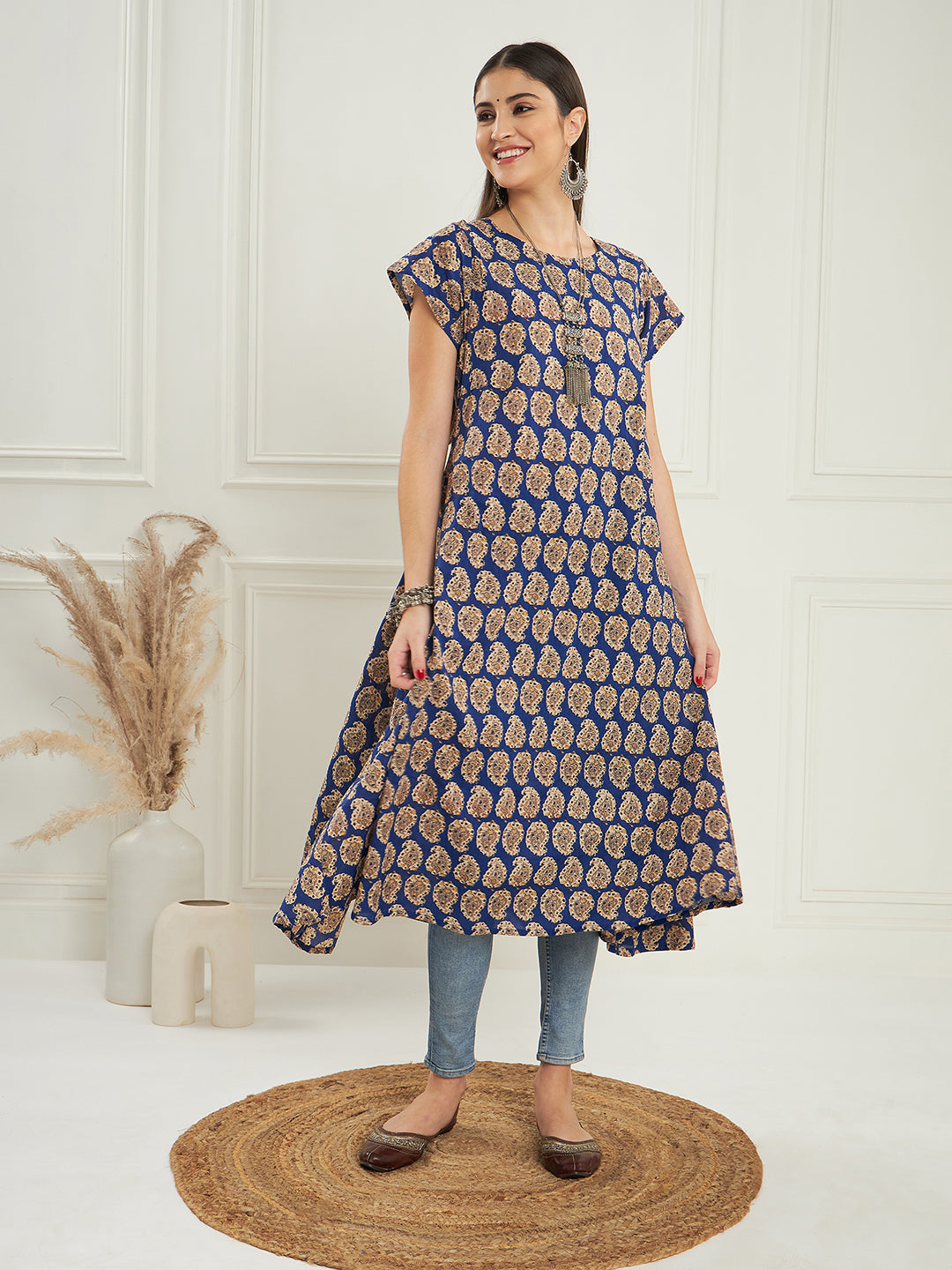 InWeave Women's Ink Blue Small Paisley Kalamkari A Line Dress - Distacart