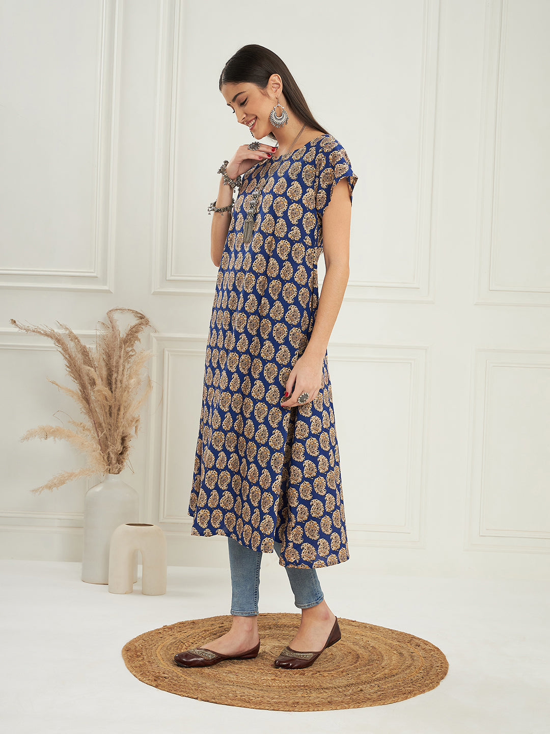 InWeave Women's Ink Blue Small Paisley Kalamkari A Line Dress - Distacart