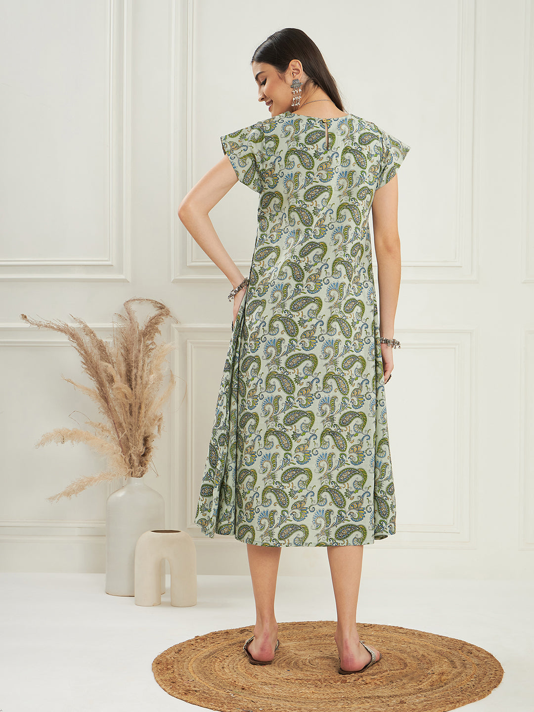 InWeave Women's Sage Green Paisley Print A Line Dress - Distacart