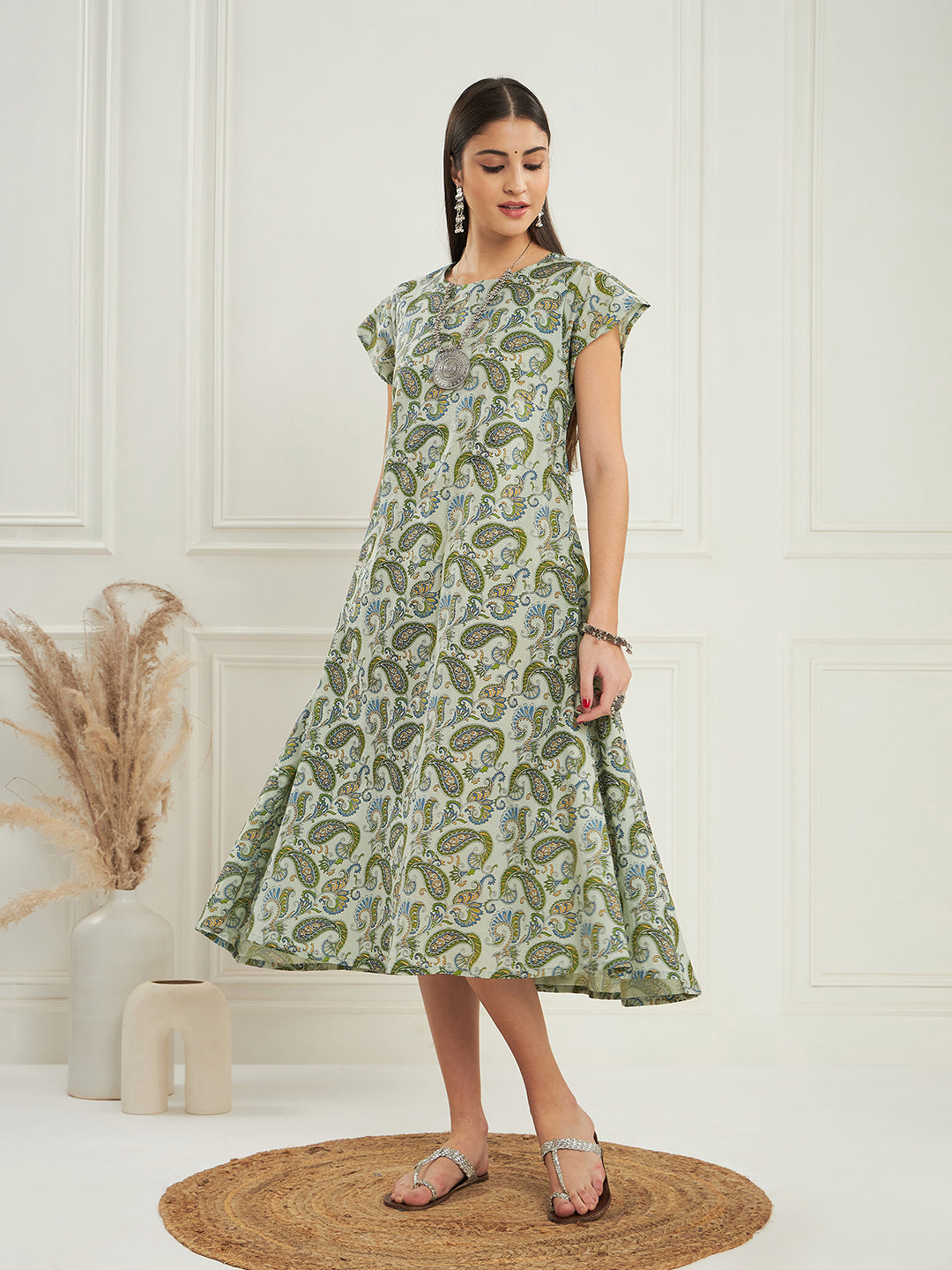 InWeave Women's Sage Green Paisley Print A Line Dress - Distacart