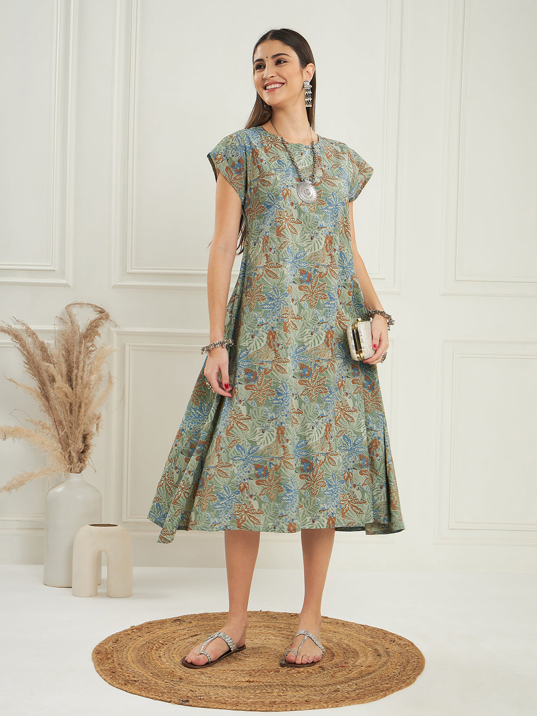 InWeave Women's Dull Green Leaf Floral Print A Line Dress - Distacart