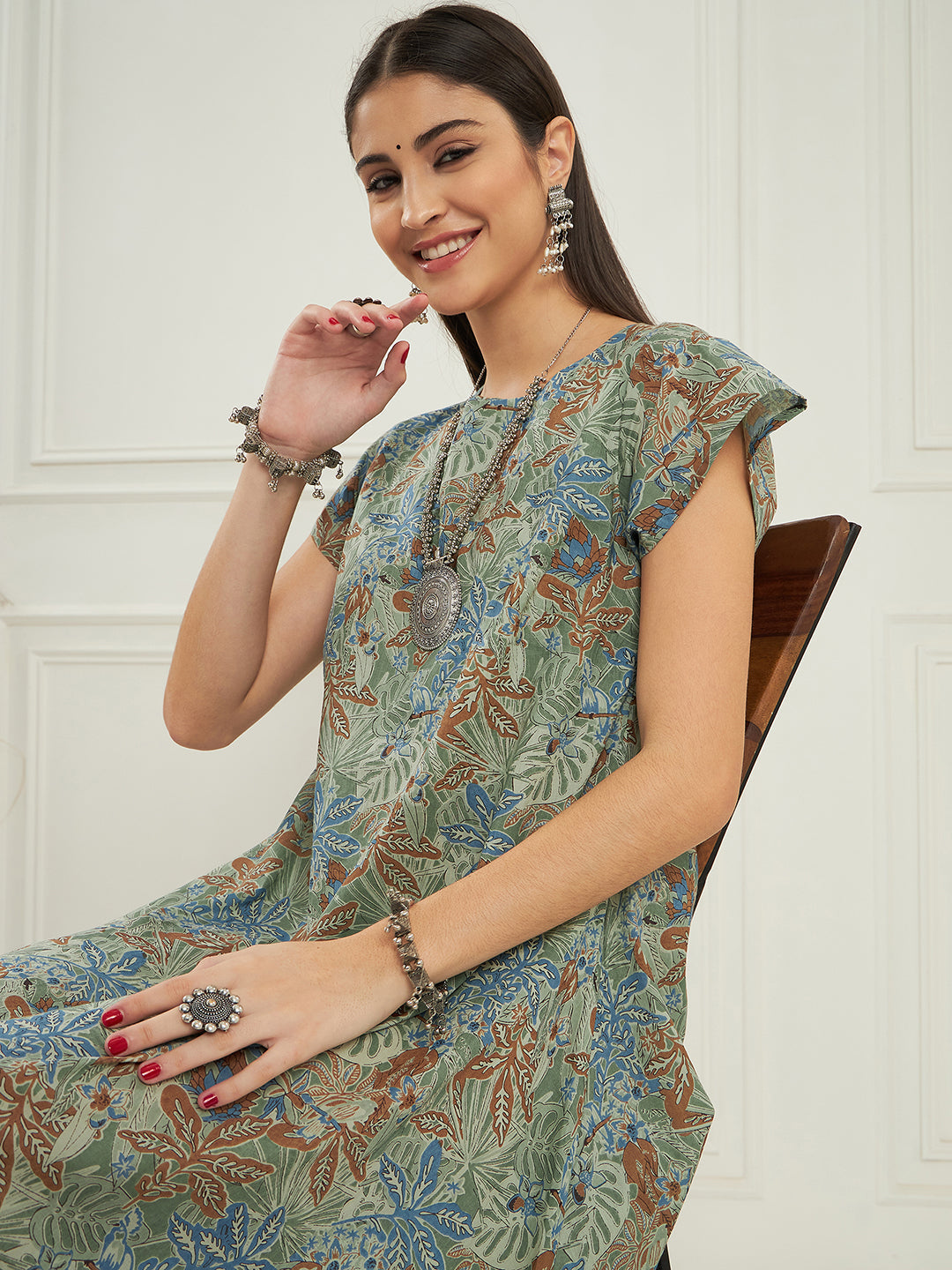 InWeave Women's Dull Green Leaf Floral Print A Line Dress - Distacart