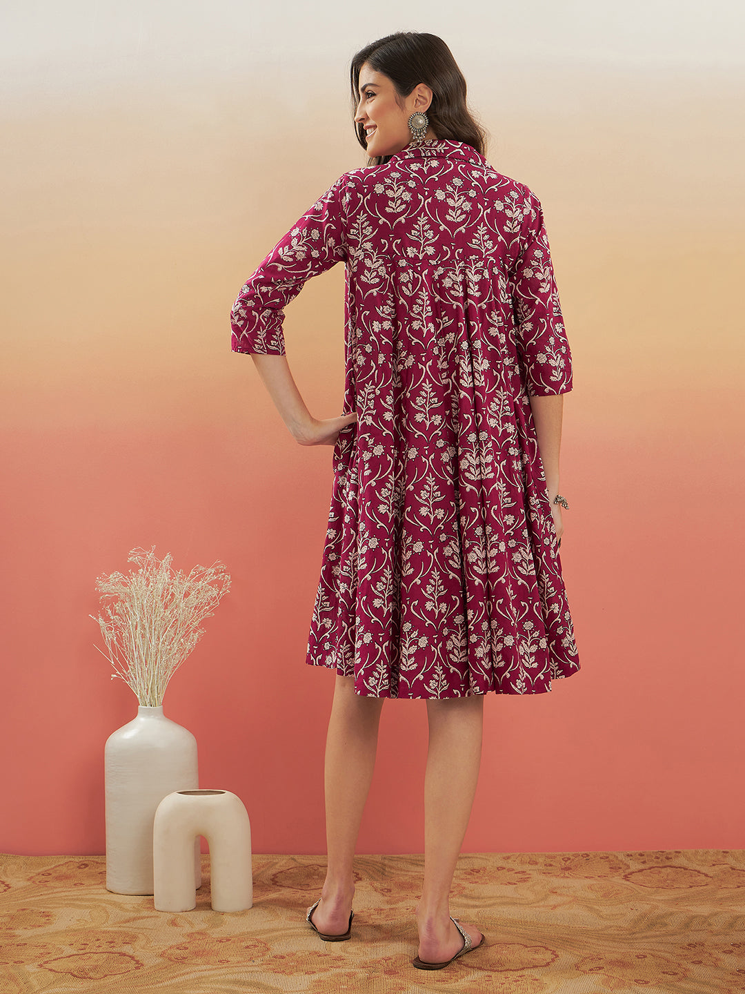 InWeave Women's Wine Cream Floral Print Flared Dress - Distacart