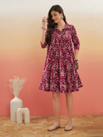 Thumbnail for InWeave Women's Wine Cream Floral Print Flared Dress - Distacart