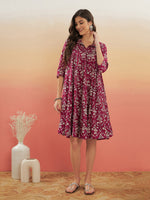 Thumbnail for InWeave Women's Wine Cream Floral Print Flared Dress - Distacart