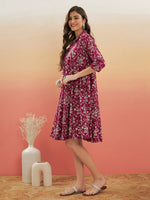 Thumbnail for InWeave Women's Wine Cream Floral Print Flared Dress - Distacart