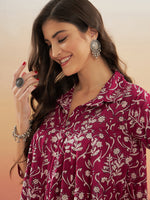 Thumbnail for InWeave Women's Wine Cream Floral Print Flared Dress - Distacart