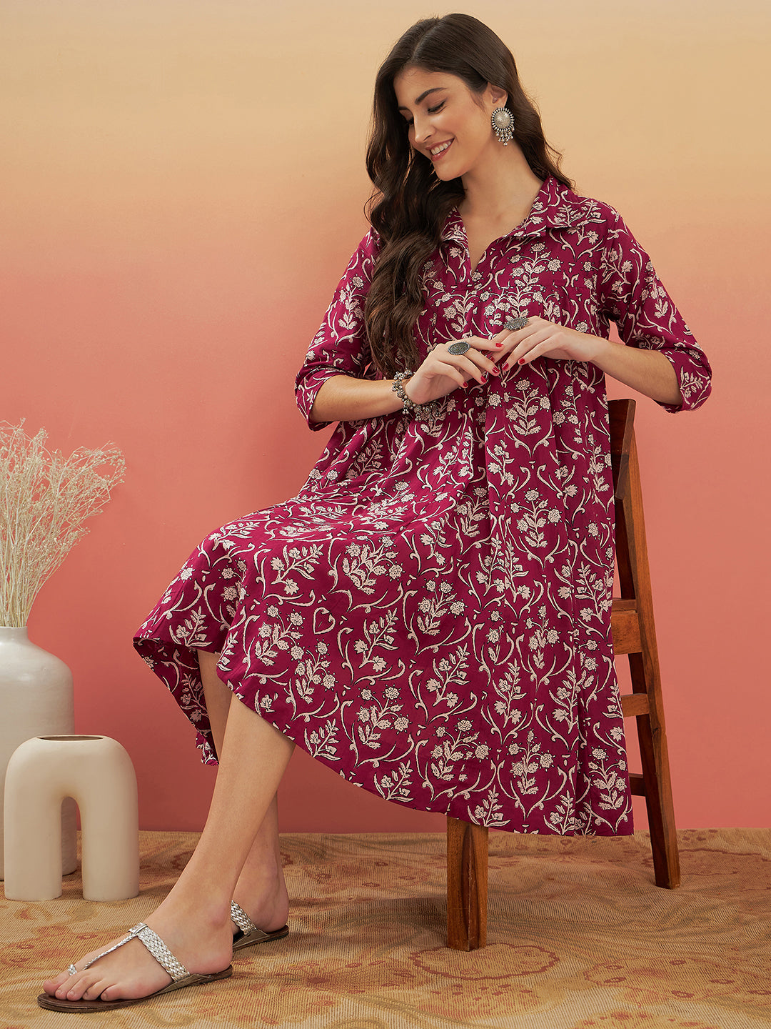 InWeave Women's Wine Cream Floral Print Flared Dress - Distacart