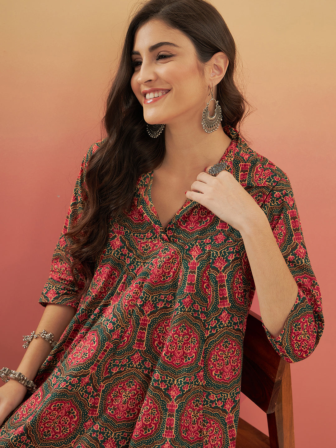 InWeave Women's Green Red Mughal Kalamkari Flared Dress - Distacart