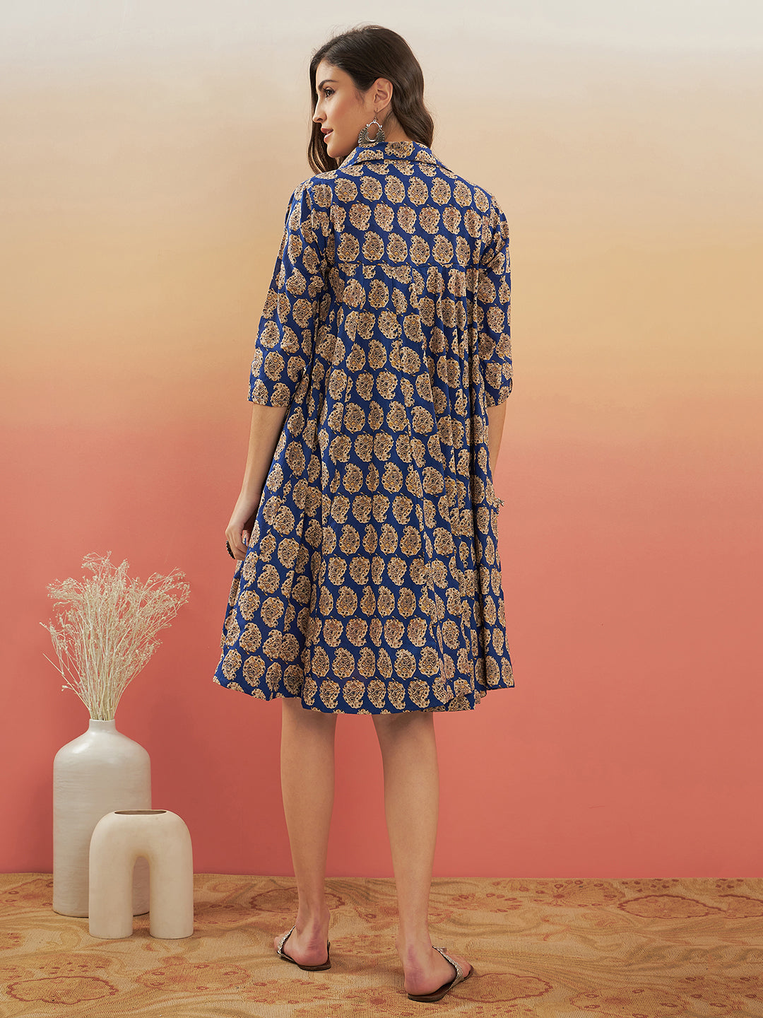 InWeave Women's Ink Blue Small Paisley Kalamkari Flared Dress - Distacart