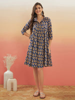 Thumbnail for InWeave Women's Ink Blue Small Paisley Kalamkari Flared Dress - Distacart