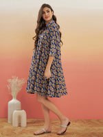 Thumbnail for InWeave Women's Ink Blue Small Paisley Kalamkari Flared Dress - Distacart