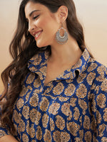 Thumbnail for InWeave Women's Ink Blue Small Paisley Kalamkari Flared Dress - Distacart
