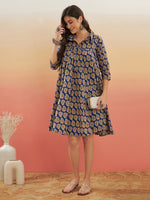 Thumbnail for InWeave Women's Ink Blue Small Paisley Kalamkari Flared Dress - Distacart