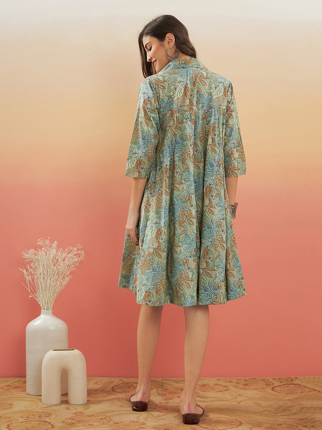 InWeave Women's Dull Green Leaf Floral Print Flared Dress - Distacart