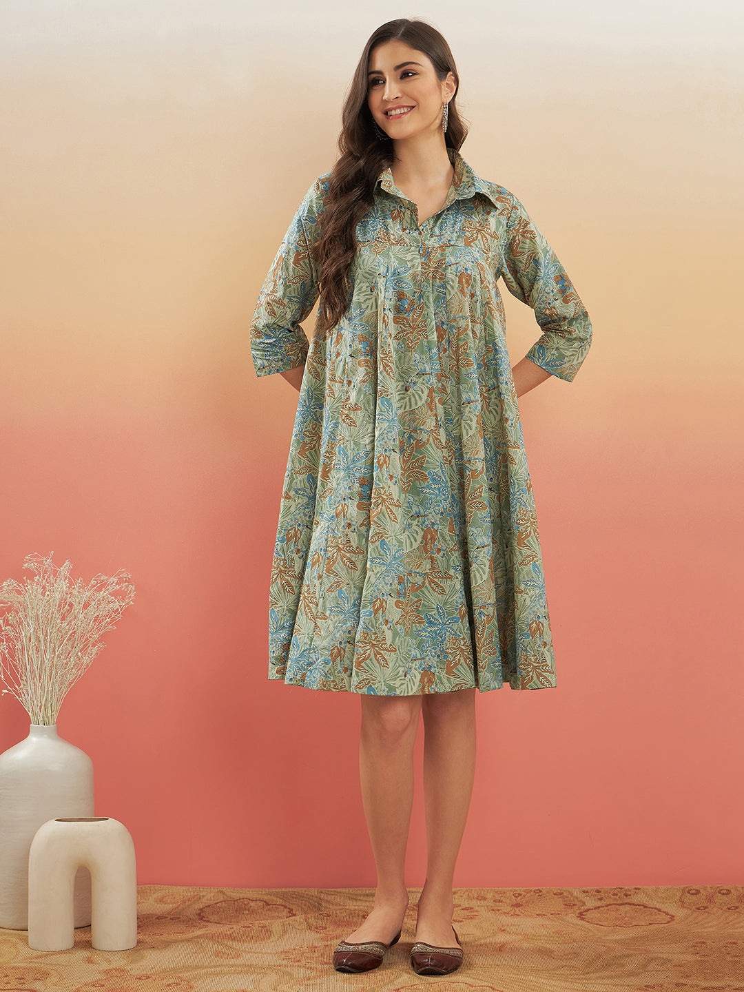 InWeave Women's Dull Green Leaf Floral Print Flared Dress - Distacart