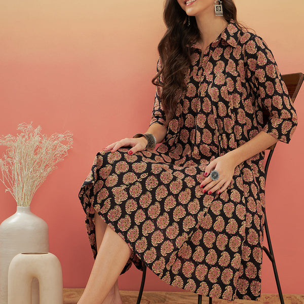 InWeave Black Small Paisley Kalamkari Flared Dress XL for Women InWeave Black Small Paisley Kalamkari Flared Dress XL for Women