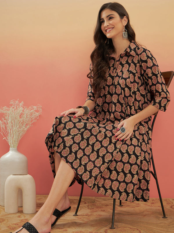 InWeave Women's Black Small Paisley Kalamkari Flared Dress - Distacart