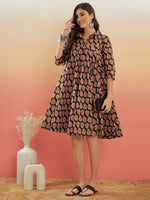 Thumbnail for InWeave Women's Black Small Paisley Kalamkari Flared Dress - Distacart