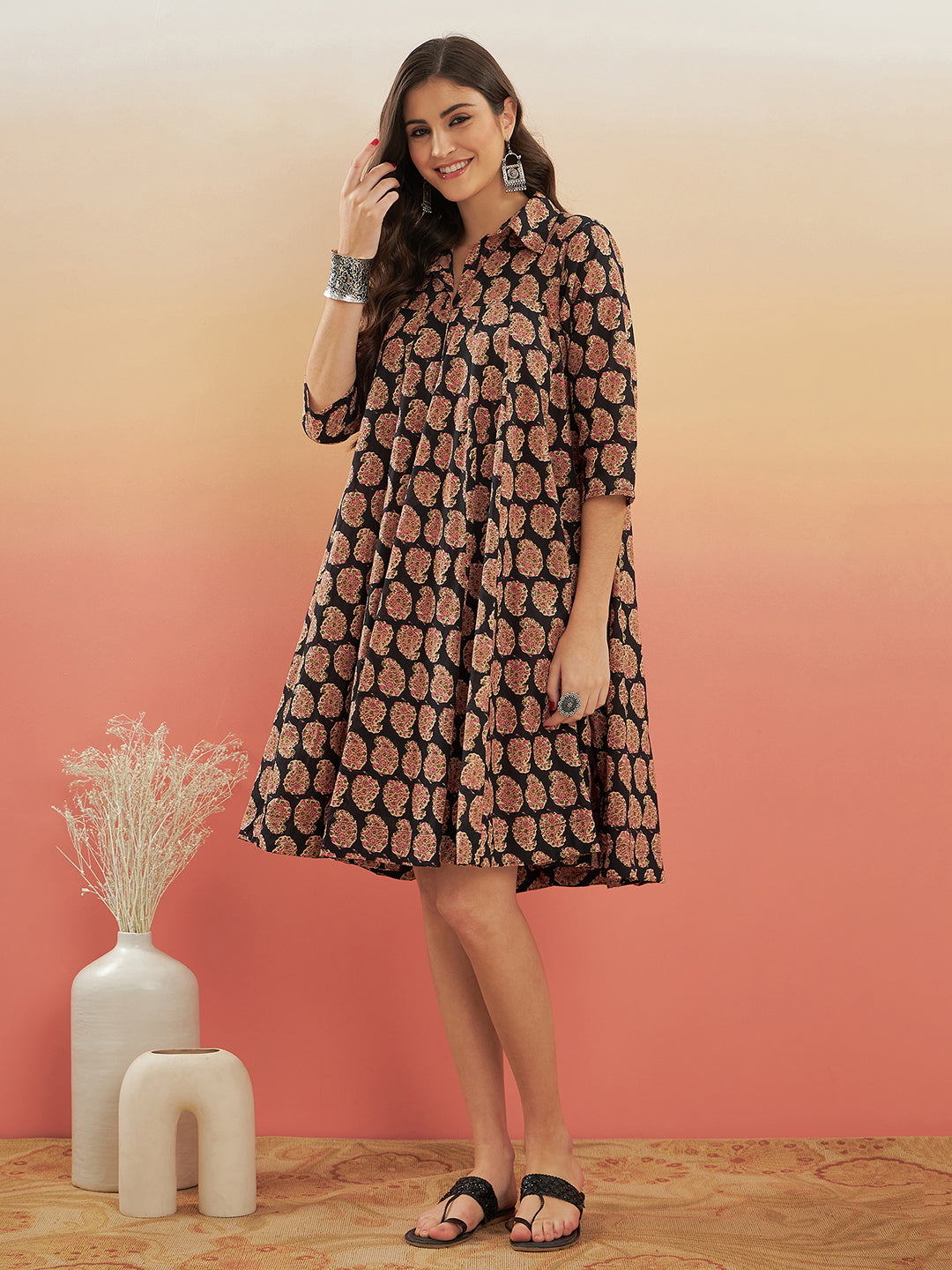 InWeave Women's Black Small Paisley Kalamkari Flared Dress - Distacart