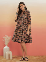 Thumbnail for InWeave Women's Black Small Paisley Kalamkari Flared Dress - Distacart