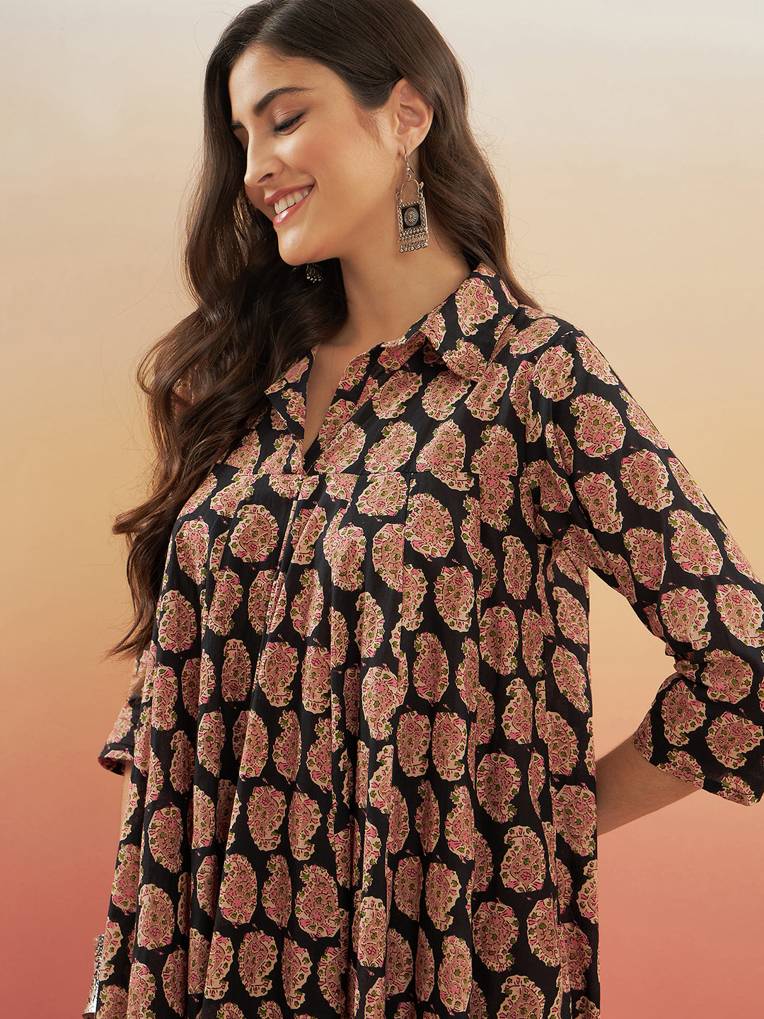 InWeave Women's Black Small Paisley Kalamkari Flared Dress - Distacart