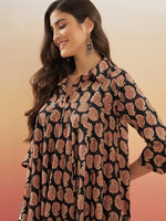 Thumbnail for InWeave Women's Black Small Paisley Kalamkari Flared Dress - Distacart