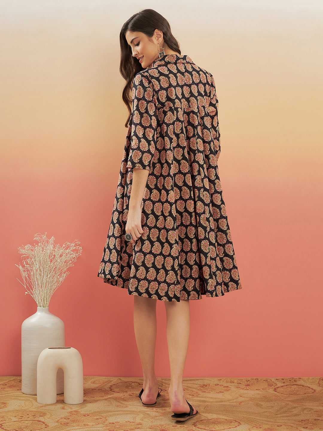 InWeave Women's Black Small Paisley Kalamkari Flared Dress - Distacart