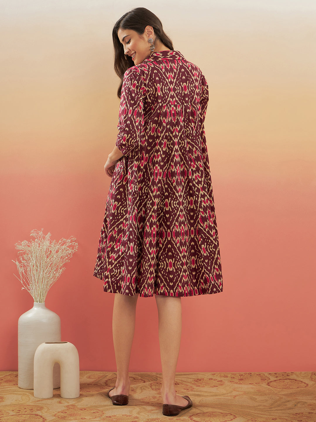 InWeave Women's Wine Ikkat Print Flared Dress - Distacart