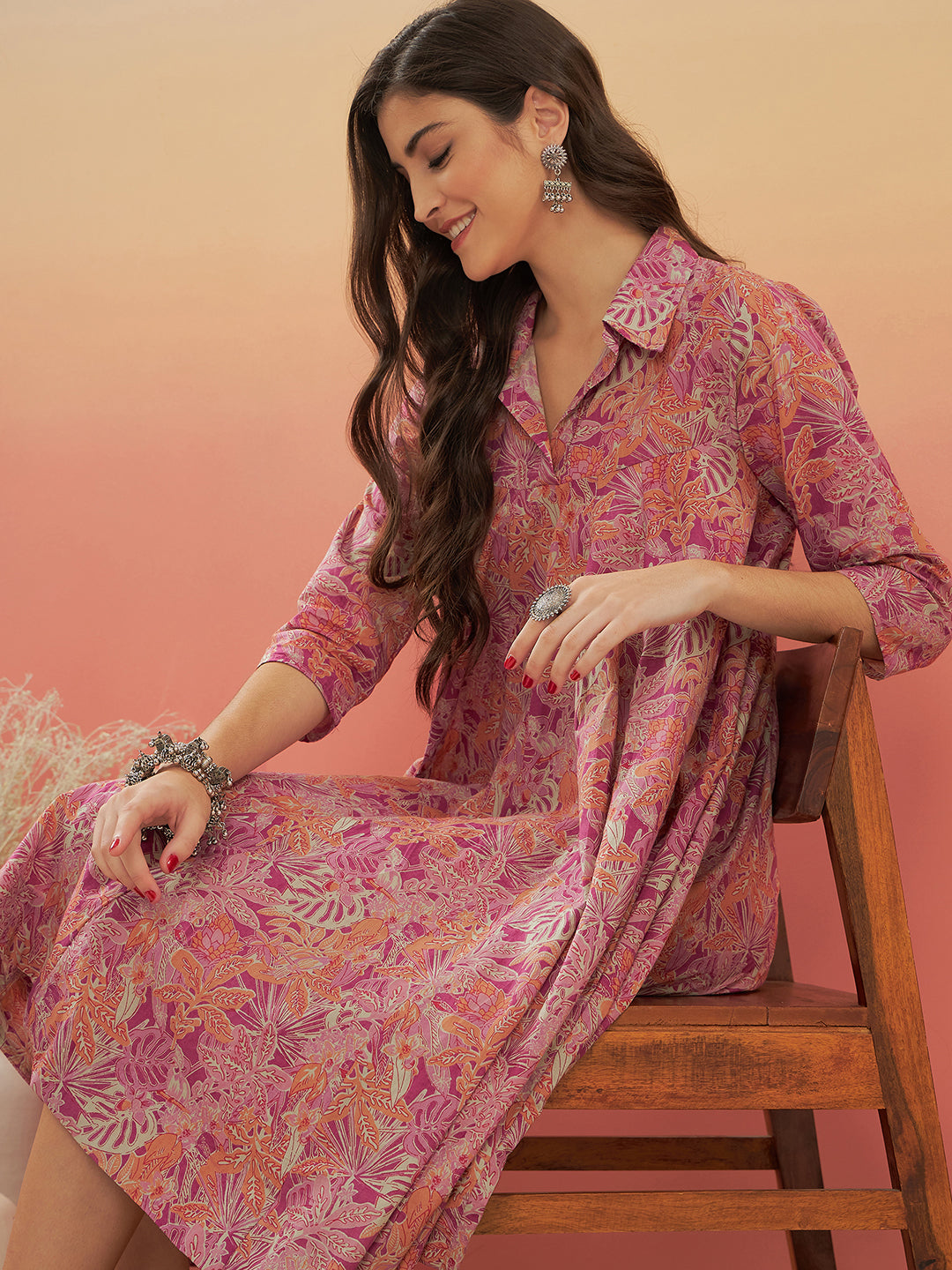 InWeave Women's Pink Coral Floral Print Flared Dress - Distacart