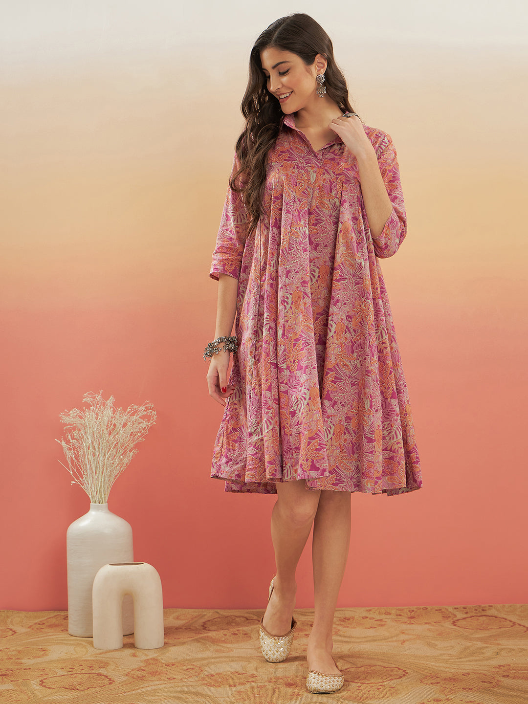 InWeave Women's Pink Coral Floral Print Flared Dress - Distacart