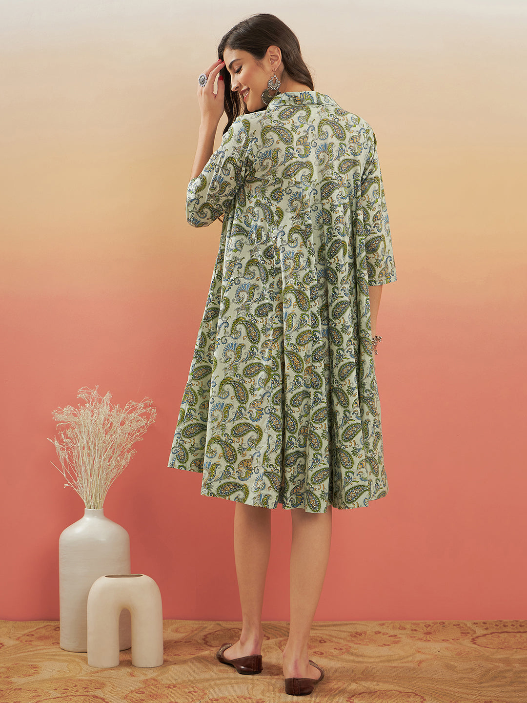 InWeave Women's Sage Green Paisley Print Flared Dress - Distacart