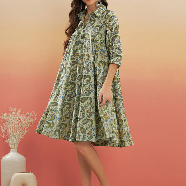 InWeave Women's Sage Green Paisley Print Flared Dress - Distacart