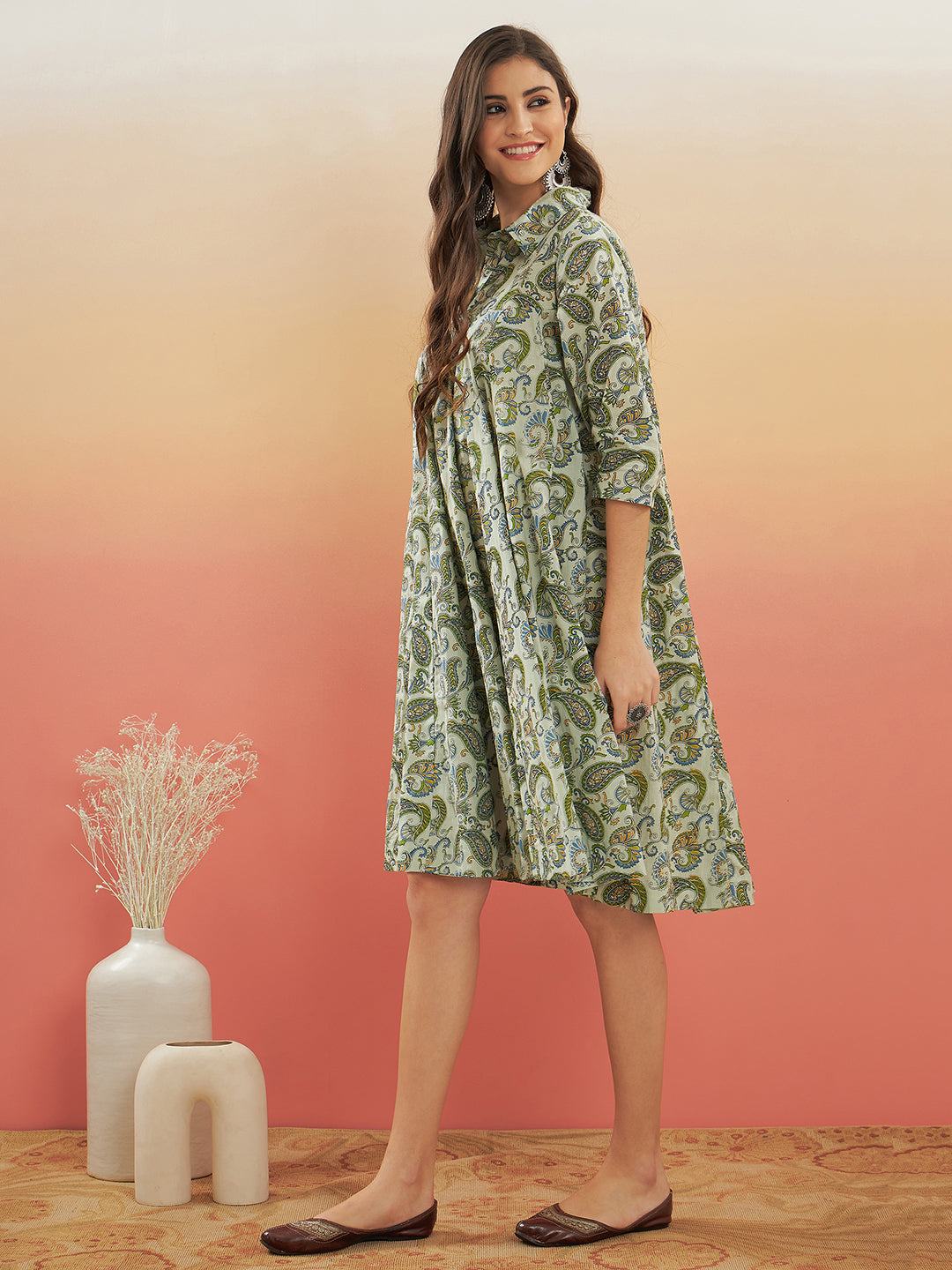 InWeave Women's Sage Green Paisley Print Flared Dress - Distacart