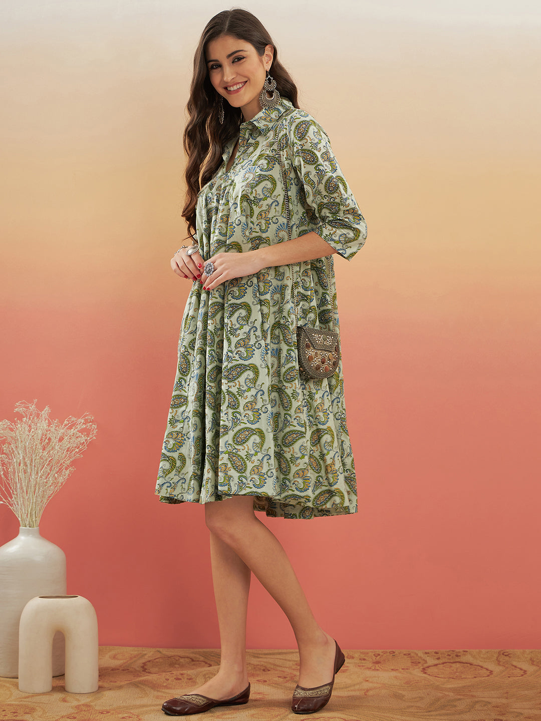 InWeave Women's Sage Green Paisley Print Flared Dress - Distacart