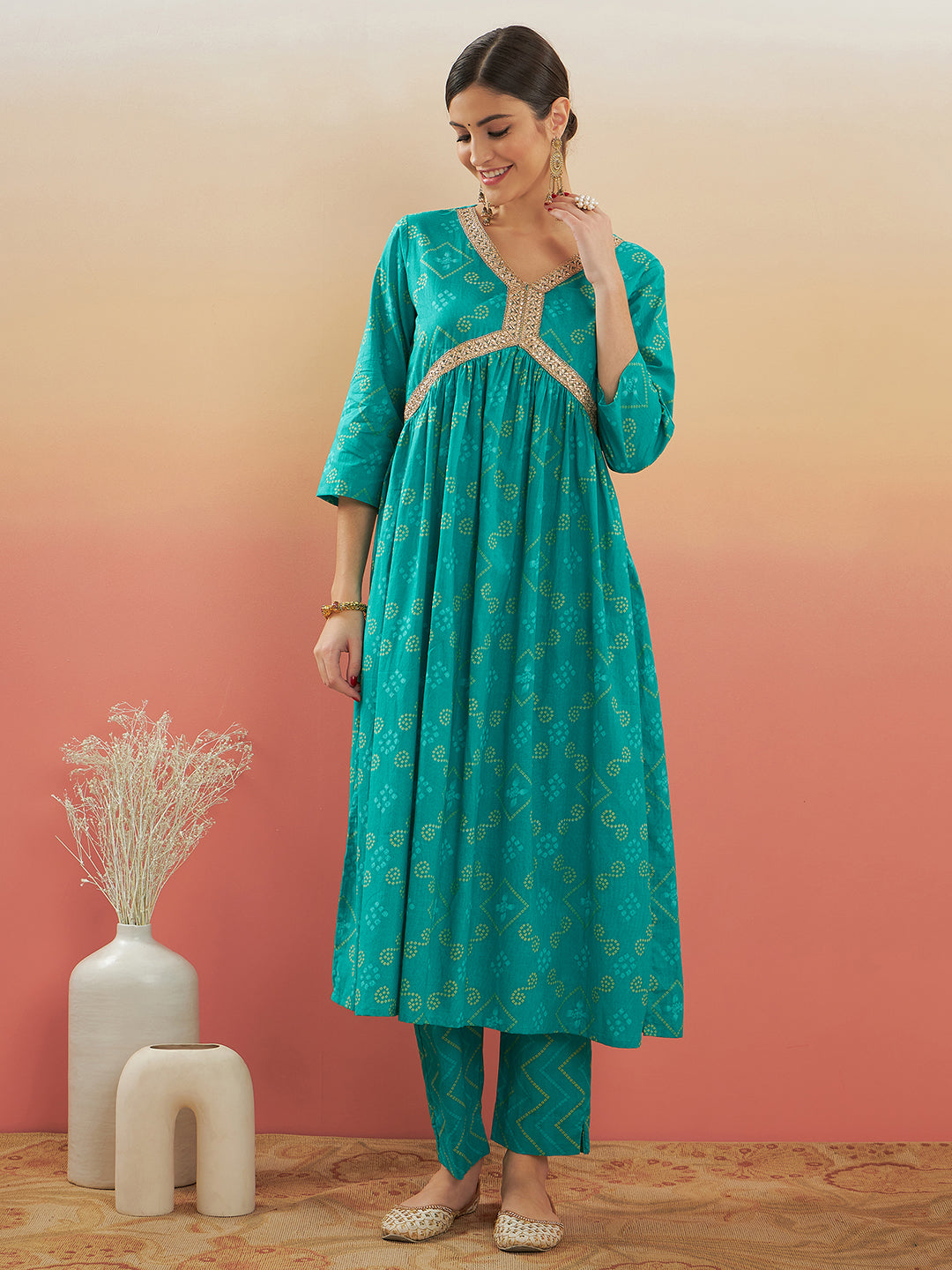 InWeave Women's Aqua S Print Alia Cut Gota Work Kurta Set - Distacart