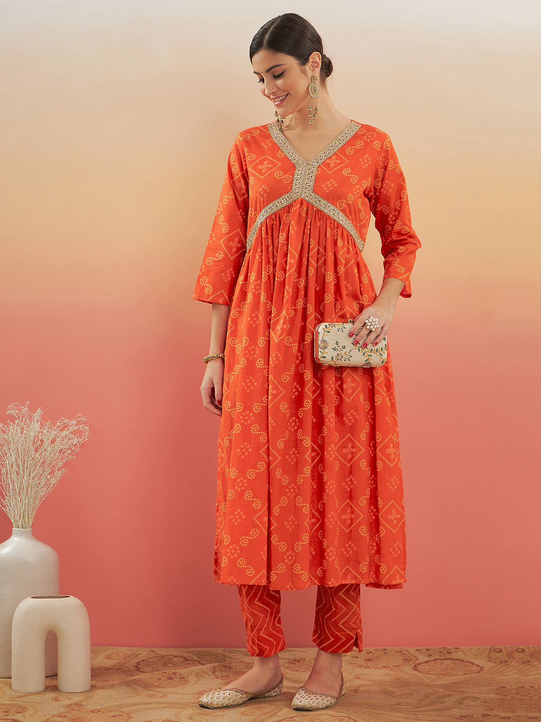 InWeave Women's Orange S Print Alia Cut Gota Work Kurta Set - Distacart